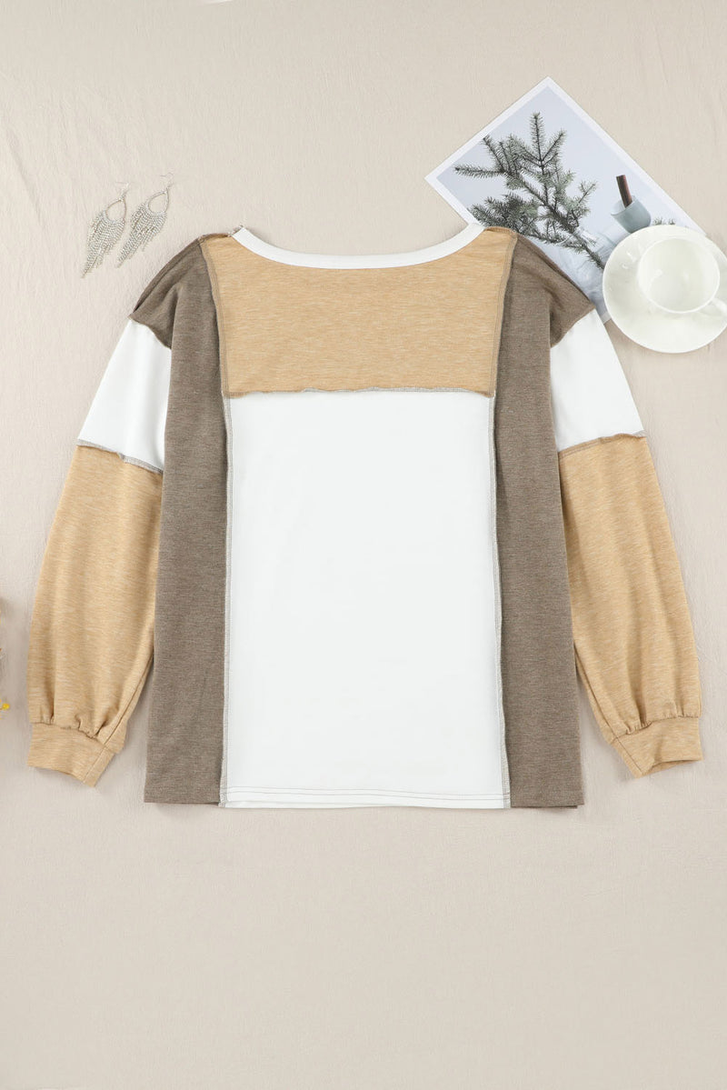 Khaki Color Block Exposed Seam Long Sleeve Top