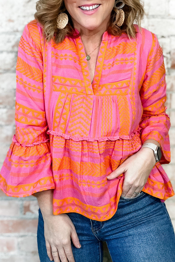 Vitality Orange Geometric Bell Sleeve Plus Babydoll Top