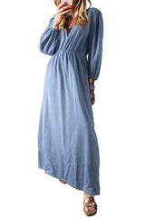 Myosotis Chambray Deep V Neck Bracelet Sleeve Maxi Dress