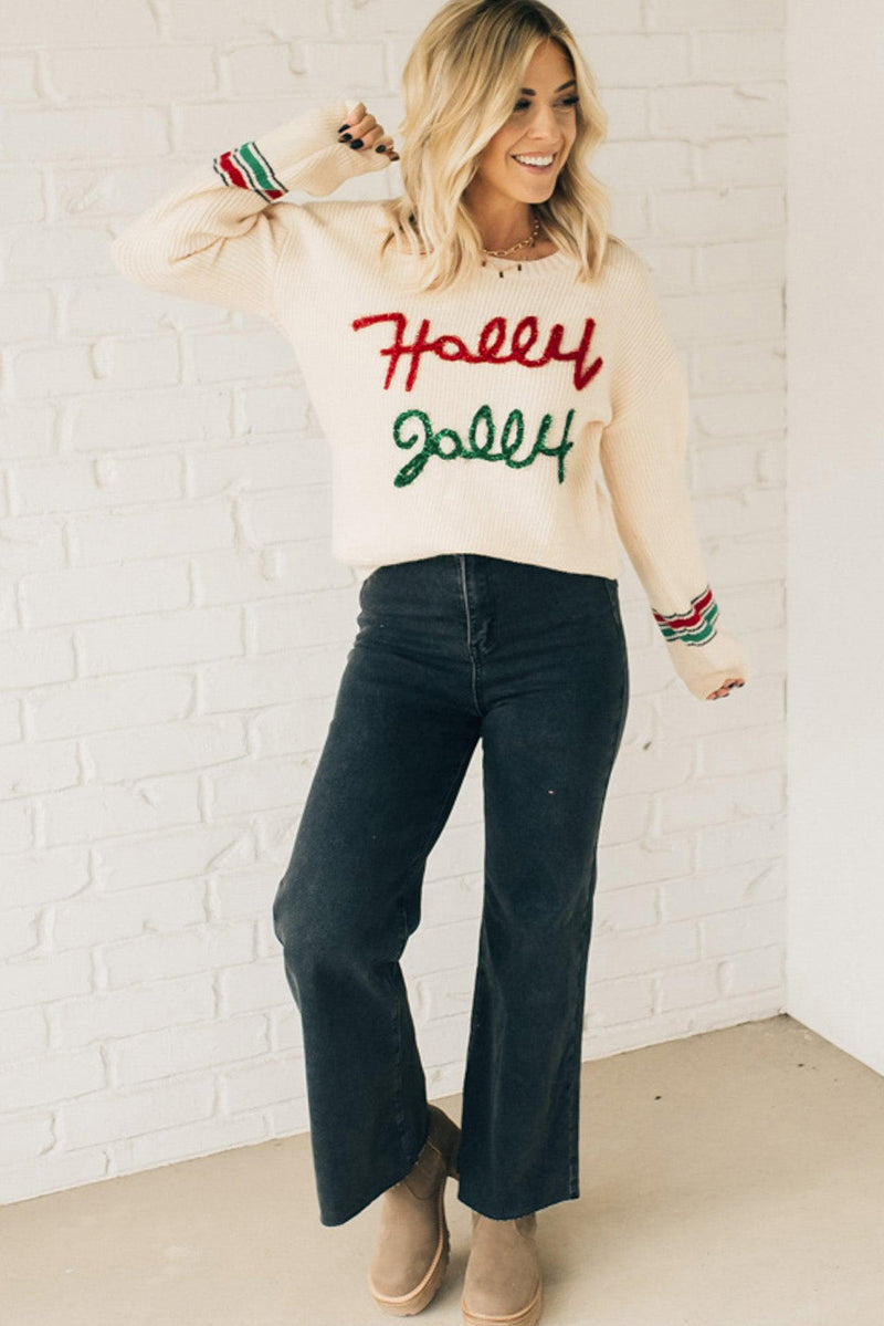 Beige Tinsel Holly Jolly Graphic Round Neck Sweater