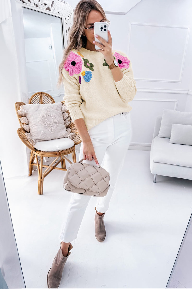 Beige 60s Flower Pattern Knitted Sweater