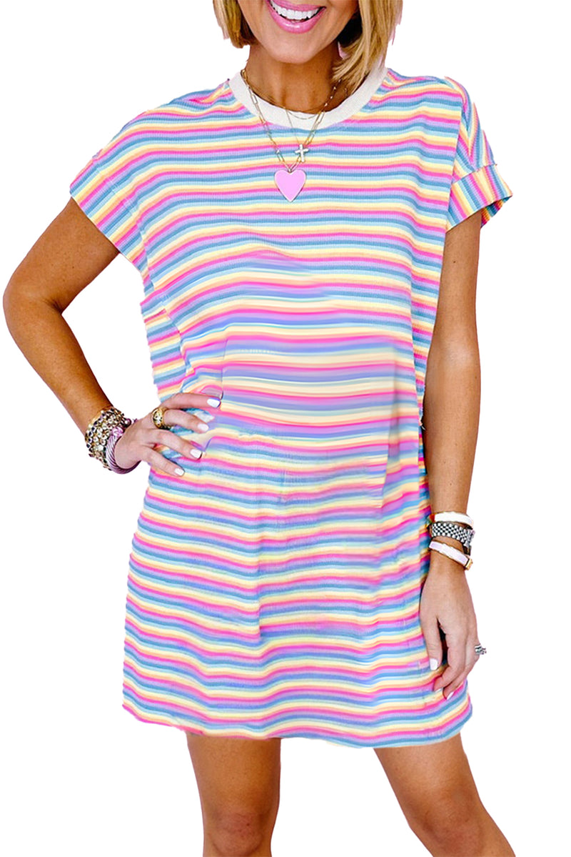 Yellow Striped Crew Neck Mini T Shirt Dress