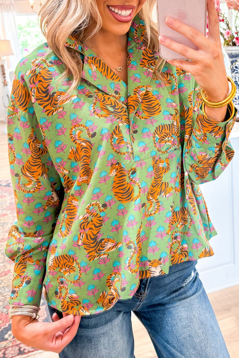 Green Tiger Floral Print Collared V Neck Shirt