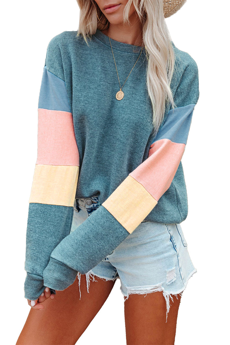 Rosy Color Block Casual Drop Sleeve Sweatshirt