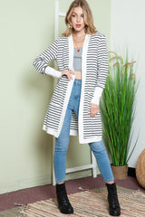 White Striped Side Pockets Open Front Long Cardigan