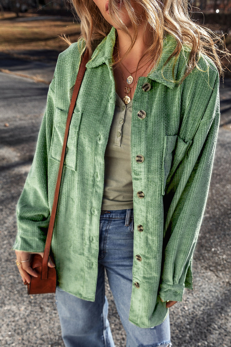 Mist Green Patched Pocket Button-Up Corduroy Shacket