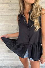 Black Plain Frill Ruffle Hem Sleeveless Shirt