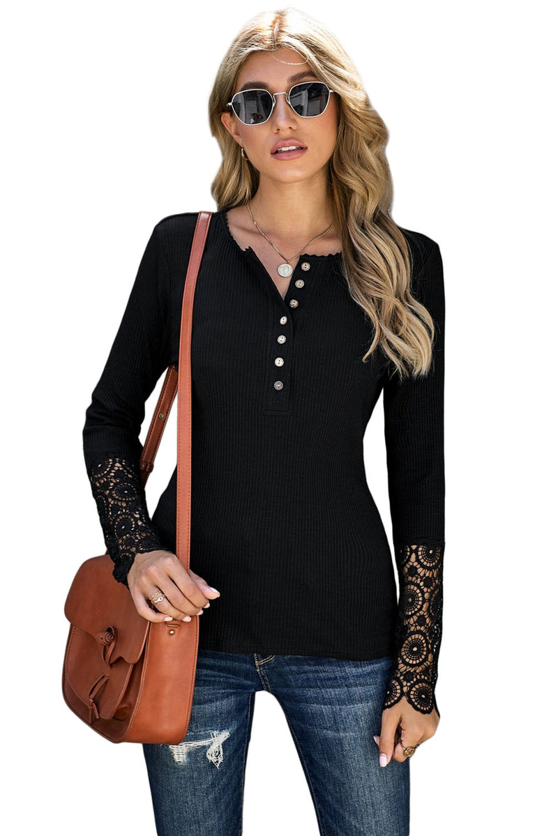 Beige Ribbed Lace Crochet Long Sleeve Henley Shirt for Women