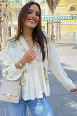 White Boho V Neck Floral Loose Blouse