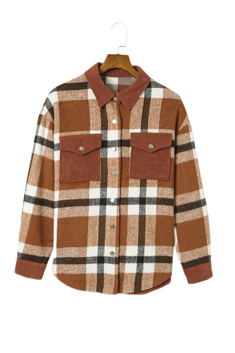 Brown Plaid Pocket Casual Buttons Up Shirt Shacket