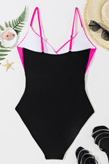 Rose Red Two-tone Colorblock Cutout One Piece Swimsuit