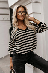 Black Stripe Crochet Hollow-out Back Buttoned Decor V Neck Top