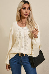 Apricot Pleated Sleeve Hollow Detail Button Knit Cardigan