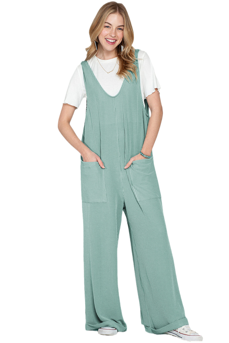 Parchment Pockets Oversized Ribbed Wide Leg Jumpsuit