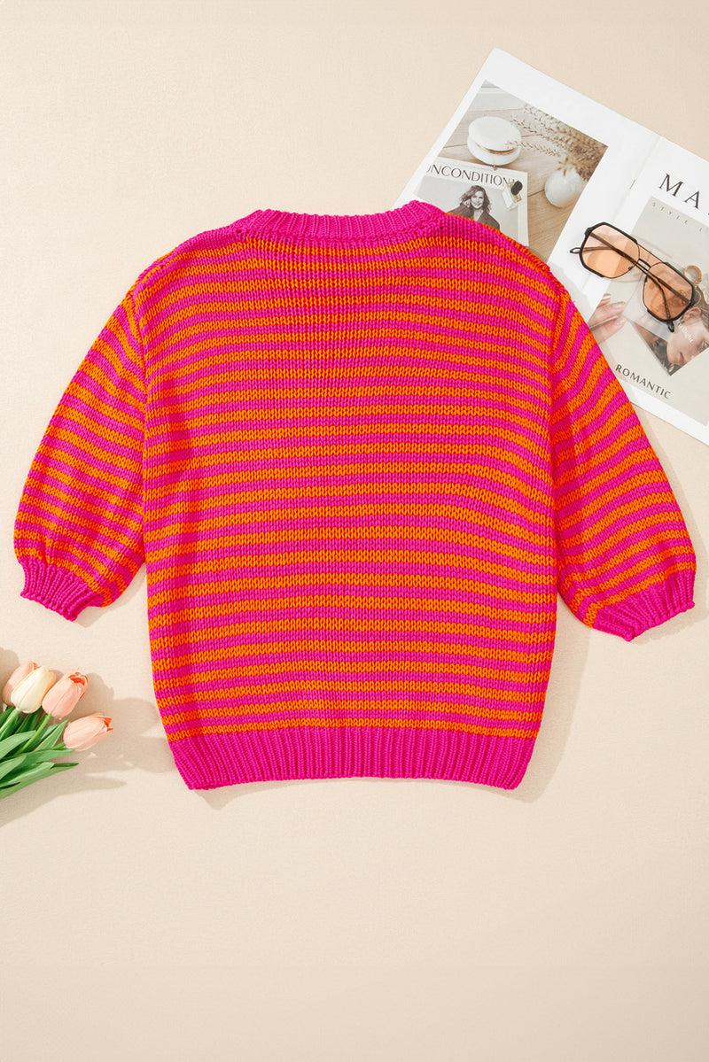 Rose Striped Puff Sleeve Round Neck Sweater