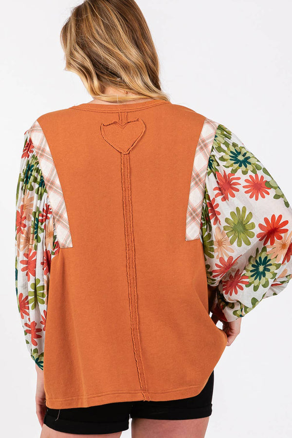 Desert Gold Floral Patchwork Sleeve Loose Top