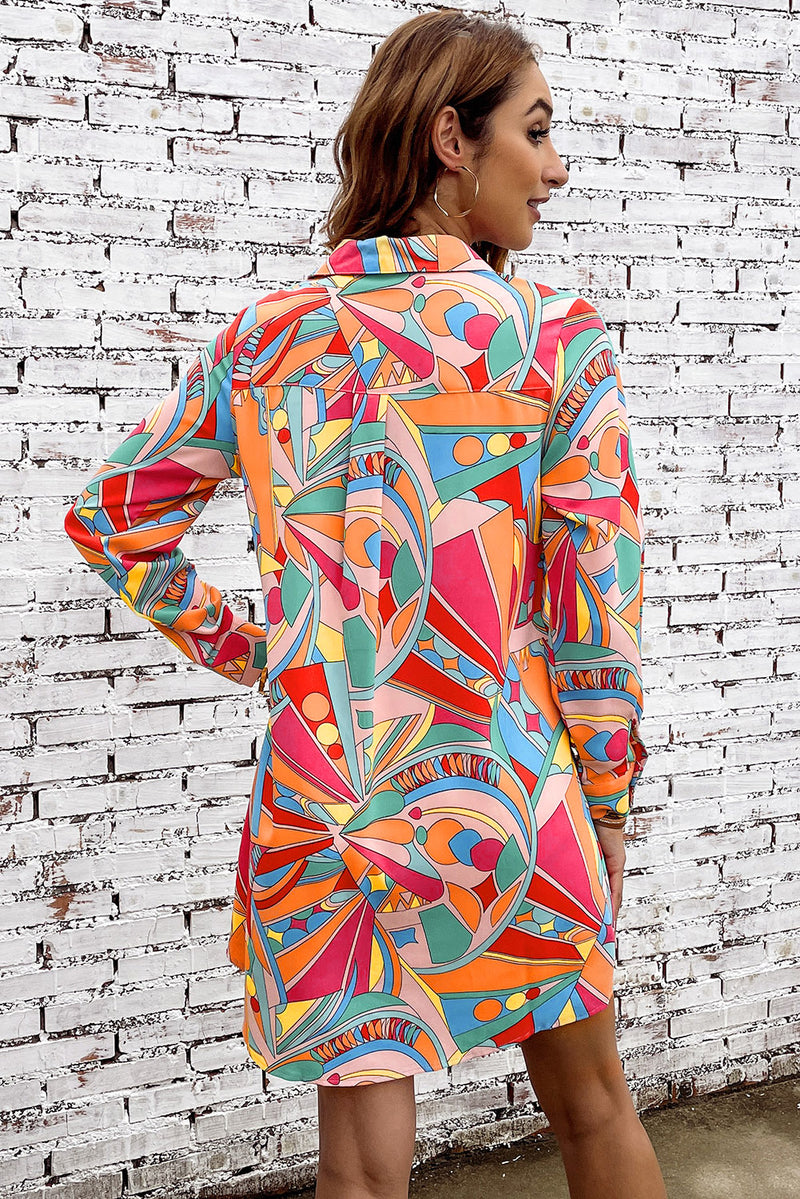 Multicolor Abstract Print Long Sleeve Shirt Dress