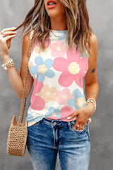 Pink Floral Print Round Neck Sleeveless Top