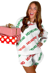 White Christmas HO HO HO Print Drop Shoulder Pullover and Shorts Set