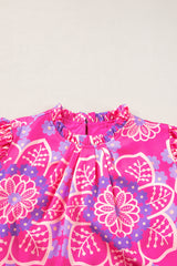 Rose Floral Print Frill Neck Smocked Cuffs Blouse