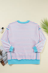 Sky Blue Stripe Contrast Trim High Low Tunic Sweatshirt