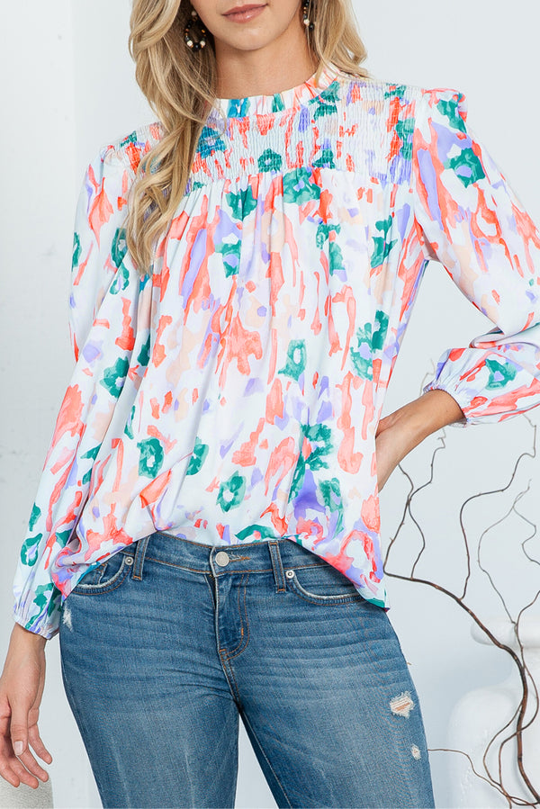 Multicolor Abstract Print Smocked Long Sleeve Blouse