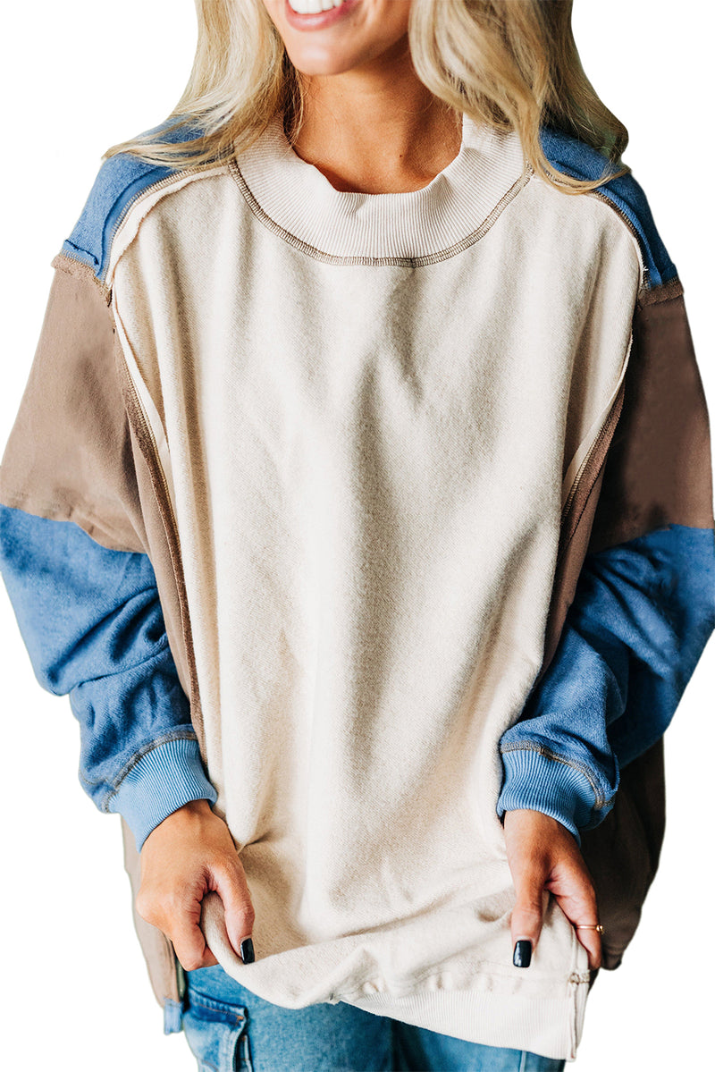 Sky Blue Colorblock Exposed Seam Patchwork Oversized Sweatshirt