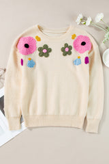 Beige 60s Flower Pattern Knitted Sweater