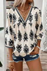 Black Ethnic Abstract Print Puff Sleeve V Neck Blouse