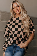 Light Beige Two Tone Checkered Crew Neck Loose T Shirt