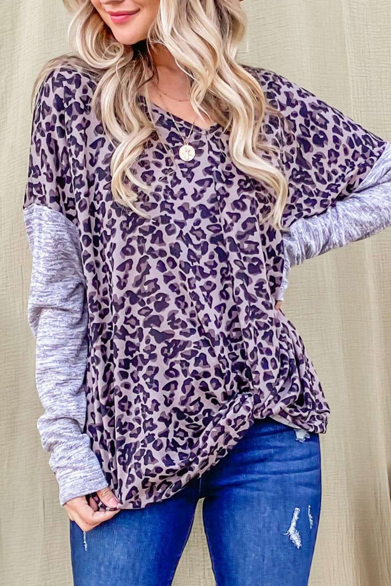 Leopard Print V Neck Drop Shoulder Long Sleeve Top