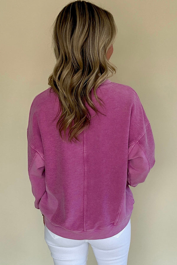 Bright Pink Notched Neck Exposed Seam Drop Shoulder Sweatshirt