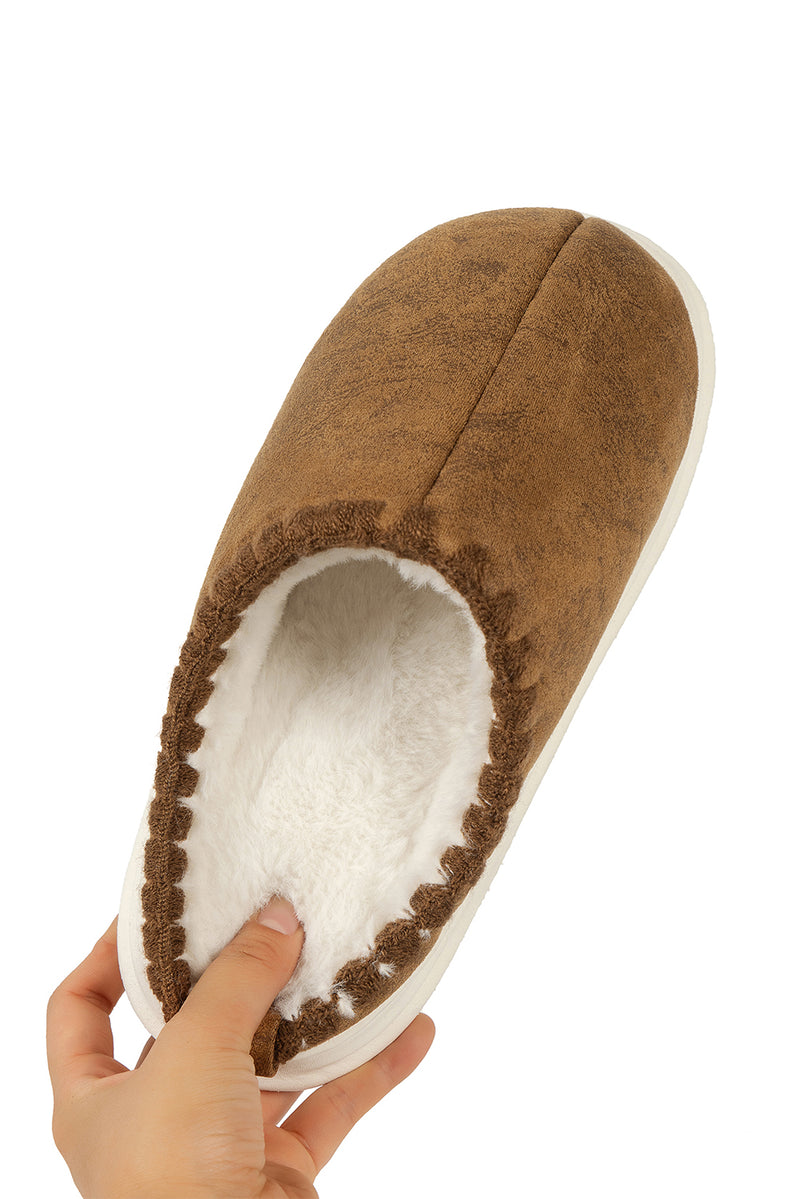 Beige Thick Sole Plush Lined Home Slippers