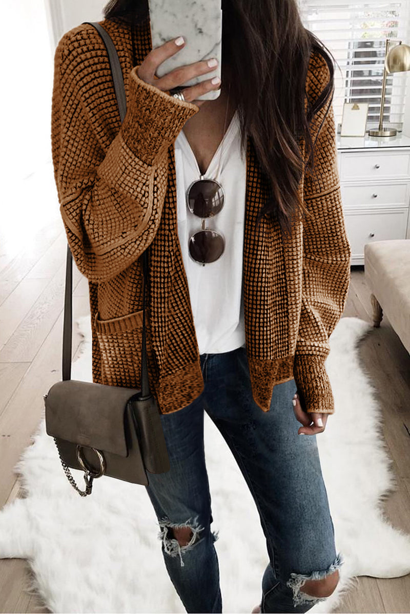 Brown Chunky Knit Pocketed Drop Sleeve Cardigan