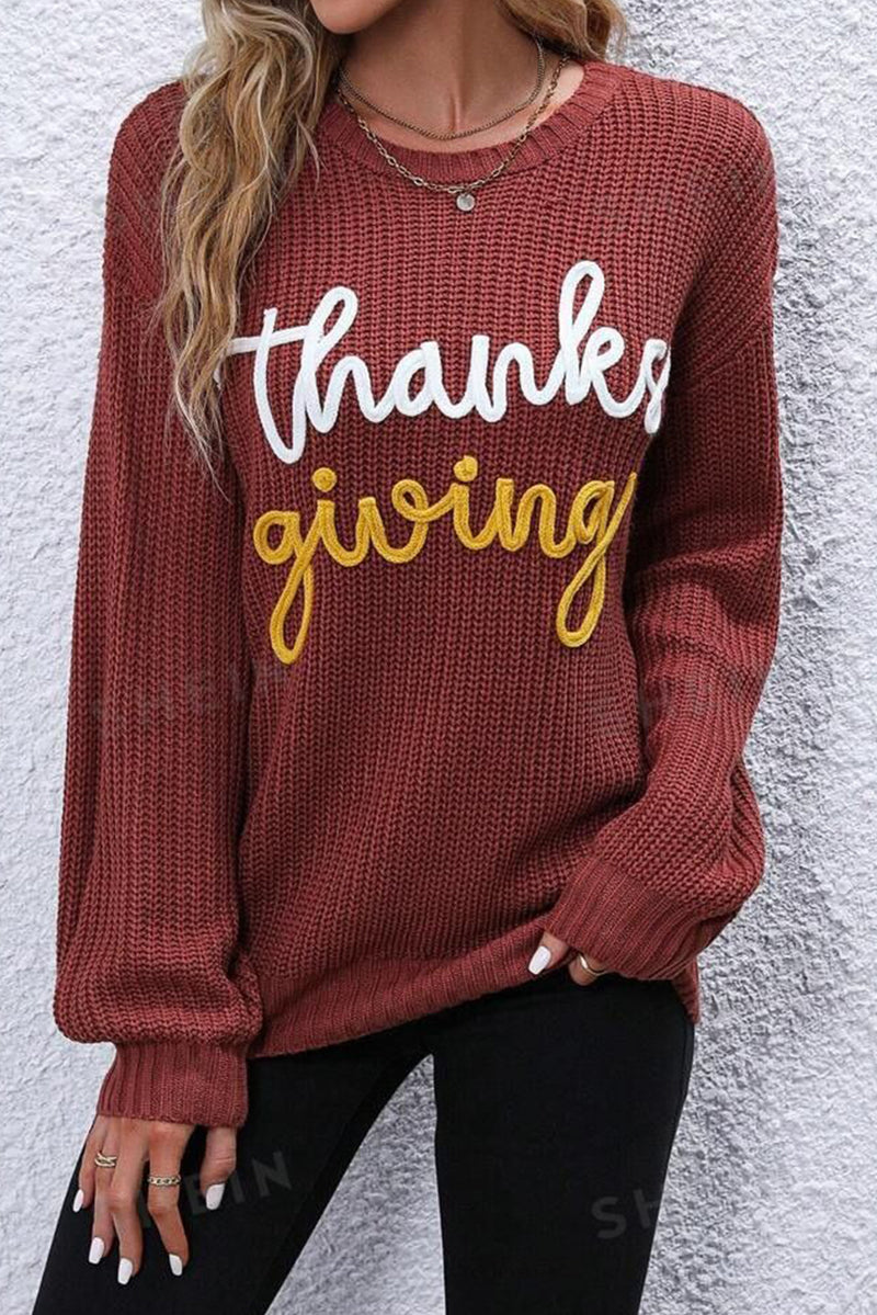 Red Sandalwood Thanksgiving Letter Graphic Crew Neck Sweater