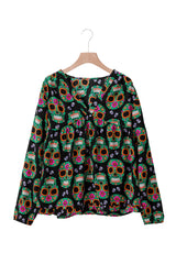 Black Halloween Flower Skull Babydoll Blouse