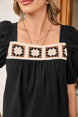 Black Crochet Square Neck Crinkled Blouse