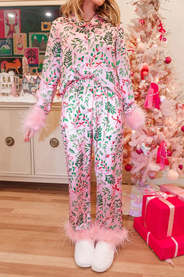 Pink Plants Print Plush Edge Collar Shirt Pants Pajama Set