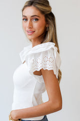 White Eyelet Ruffle Sleeve Slim Fit Top