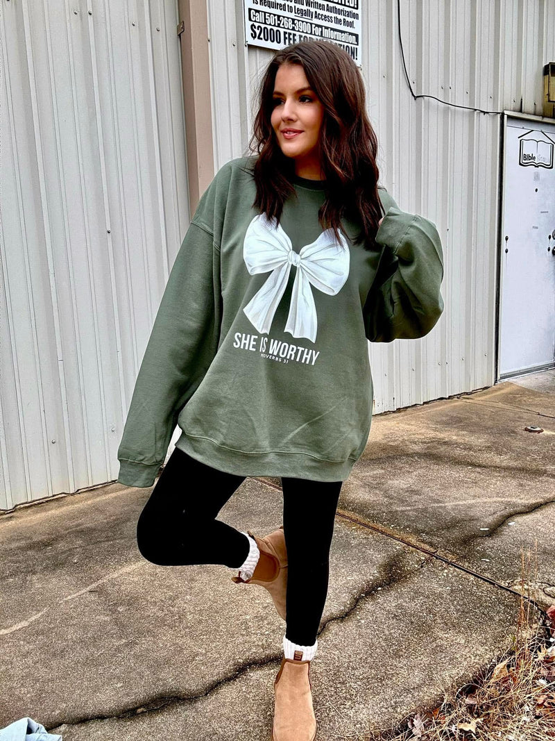 She is worthy green sweatshirt