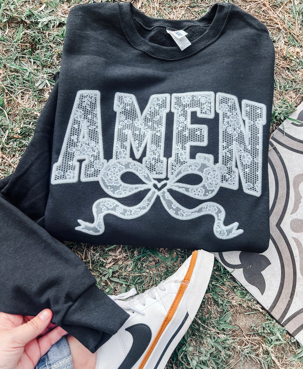 Faux lace AMEN sweatshirt or tee in black