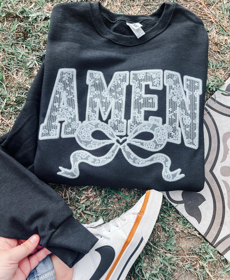 Faux lace AMEN sweatshirt or tee in black