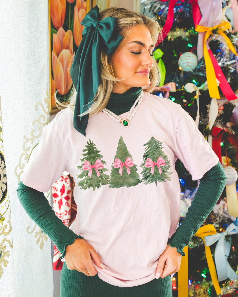 Triple bow Christmas tree baby pink tee