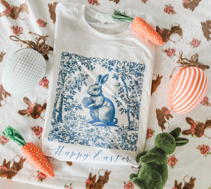 Happy Easter blue floral bunny tee