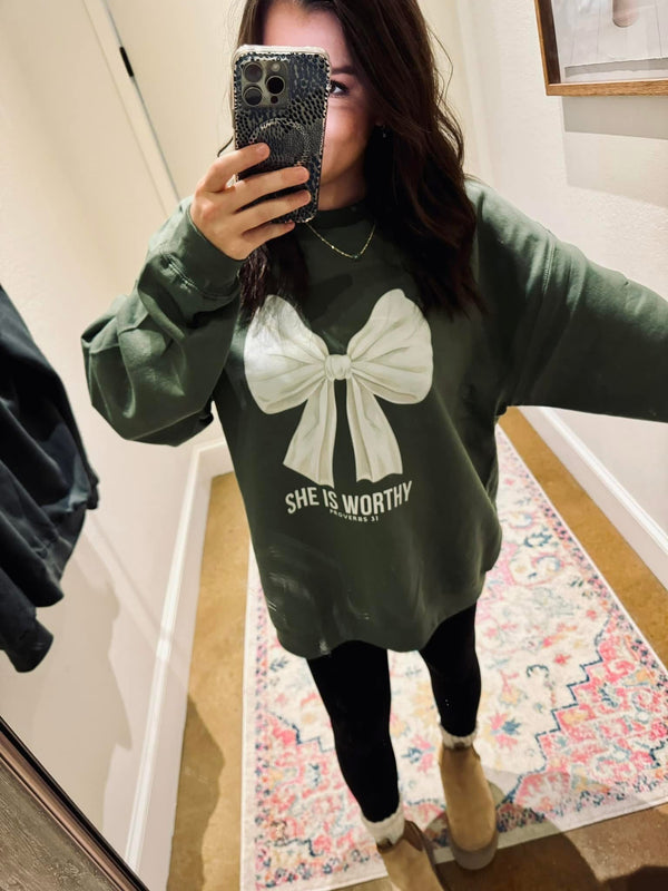 She is worthy green sweatshirt