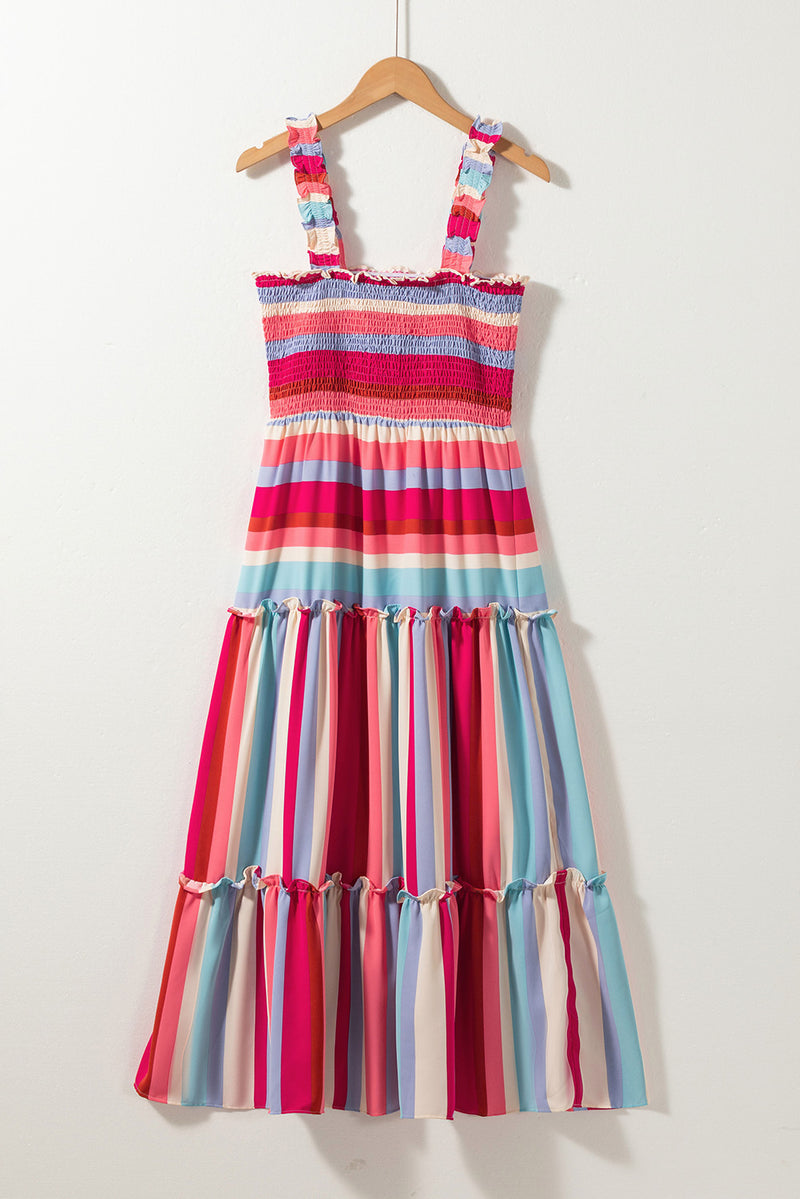 Red Stripe Ruffled Straps Smocked Tiered Midi Dress