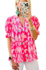 Rose Plus Size Abstract Print Puff Sleeve V Neck Blouse