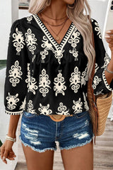 Black Ethnic Abstract Print Puff Sleeve V Neck Blouse