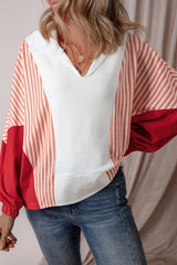 White Striped Color Block Collared V Neck Oversized Sweatshirt