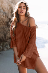 Brown Solid Color Rib-Knit Drop Sleeve Side Slits Top